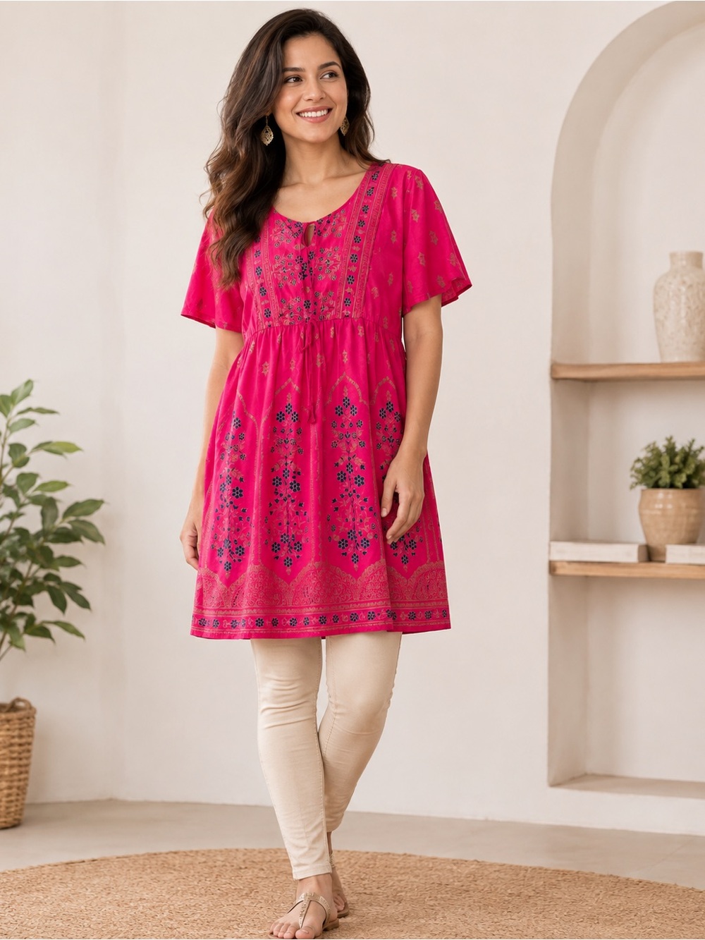 Lapogee Large Pink Floral Printed Boho Tunic Kurta Made in India